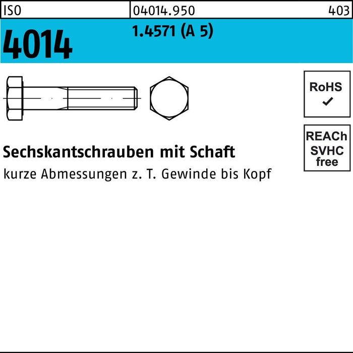 Sechskantschraube ISO 4014 Schaft M20x 65 A 5 1 Stück