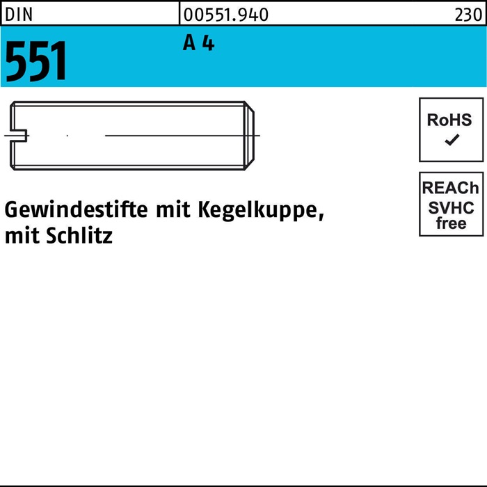 Gewindestift DIN 551 m.Kegelkuppe/Schlitz M8x 8 A 4 25 Stück