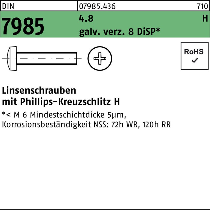 Linsenschraube DIN 7985 PH M3x8-H 4.8 galv.verz. 8 DiSP 2000St.