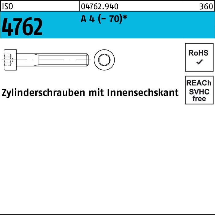 Zylinderschraube ISO 4762 Innen-6kt M3x 16 A 4 100 Stück