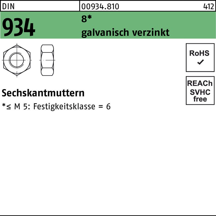 Sechskantmutter DIN 934 M18 8 galv.verz. 100 Stück