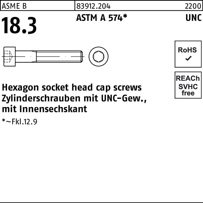 Zylinderschraube R 83912 UNC-Gewinde/Innen-6kt 1/4x 7/8 ASTM A 574 100St.