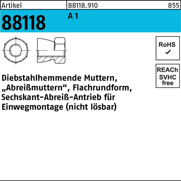 Mutter R 88118 diebstahlhemmend M6x 6 A 1 50 Stück