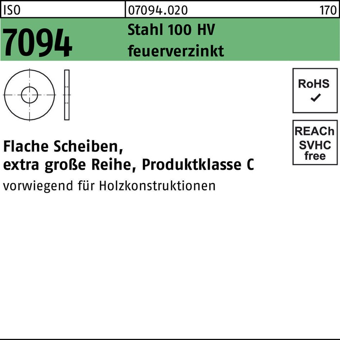 Unterlegscheibe ISO 7094 10 Stahl 100 HV feuerverz. 100 Stück