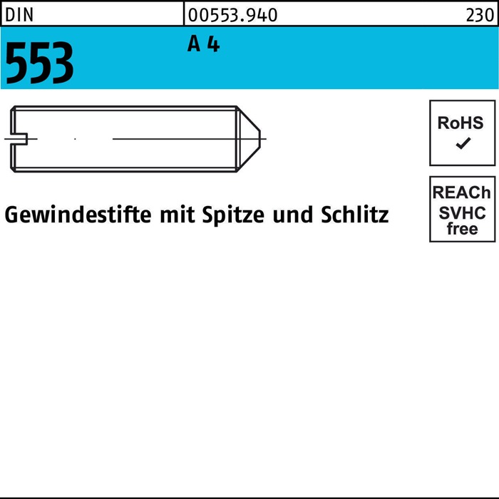 Gewindestift DIN 553 m.Schlitz/Spitze M4x 8 A 4 50 Stück