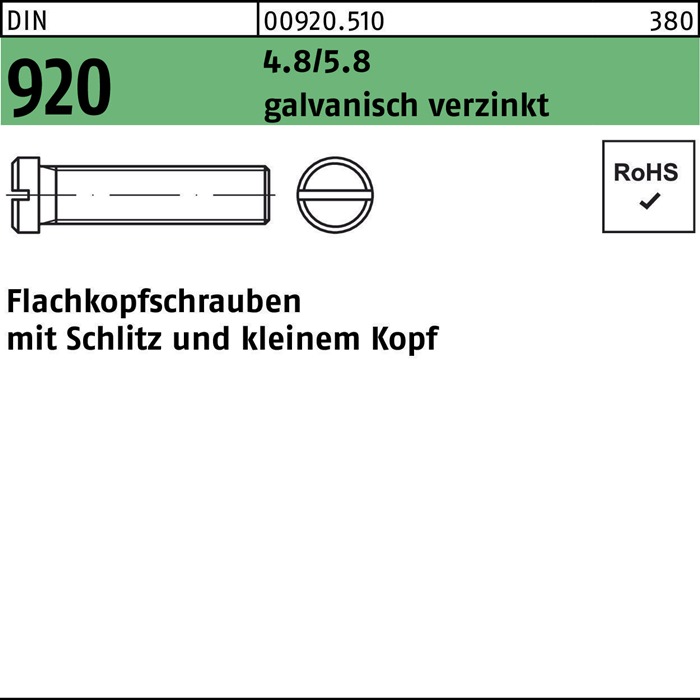 Flachkopfschraube DIN 920 Schlitz M3x 8 4.8/5.8 galv.verz. 100Stück