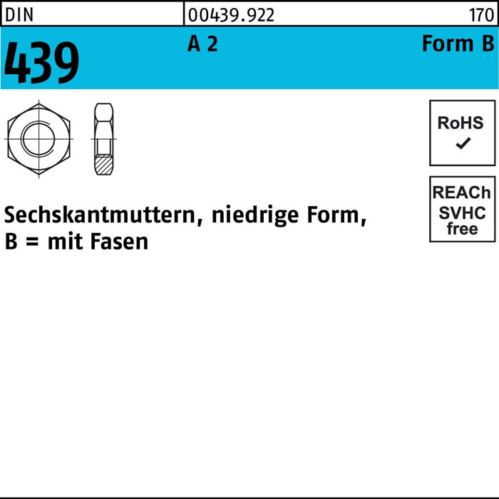 Sechskantmutter DIN 439 Form B BM 36 A 2 10 Stück