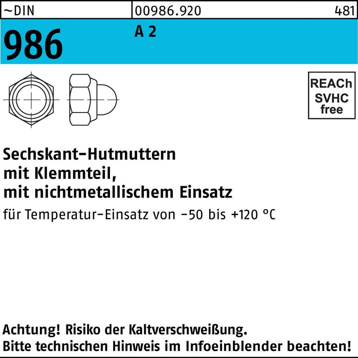 Sechskanthutmutter DIN 986 Klemmteil M16 A 2 25 Stück