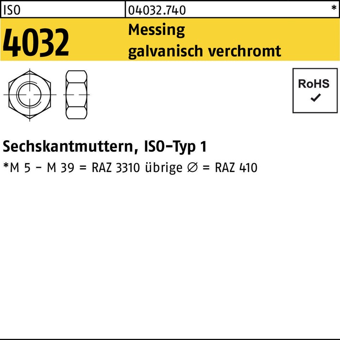 Sechskantmutter ISO 4032 M8 Messing galv. verchromt 100 Stück