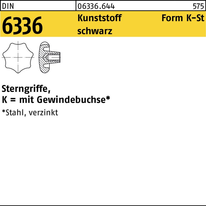 Sterngriff DIN 6336 FormK-St K 25 M5 Ku. sw Stahlbuchse 10 Stück