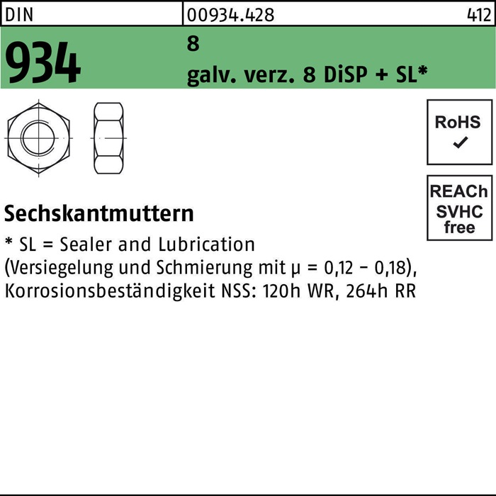 Sechskantmutter DIN 934 M10 gal Zn 8 DiSP + SL 500 Stück