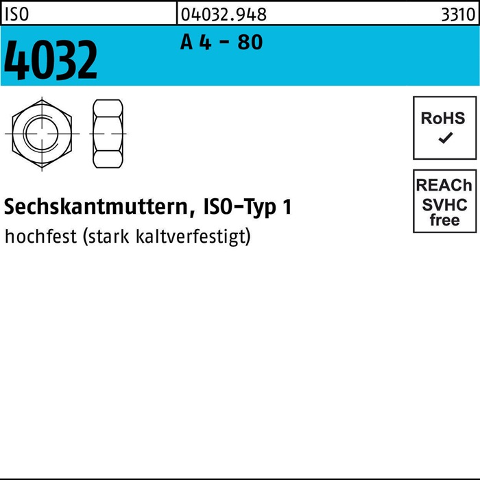 Sechskantmutter ISO 4032 M14 A 4 - 80 100 Stück
