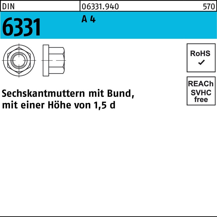Sechskantmutter DIN 6331 Bund M24 SW 36 A 4 10 Stück