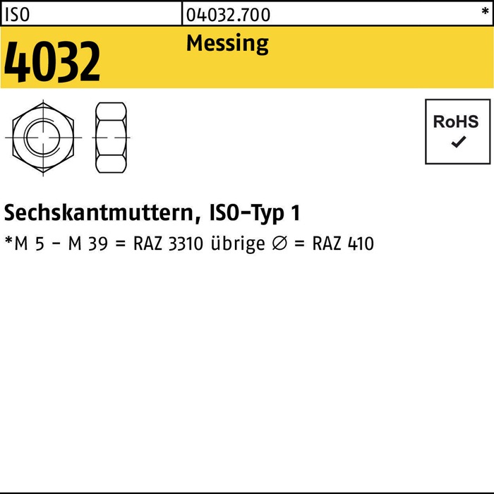 Sechskantmutter ISO 4032 M1,4 Messing 100 Stück