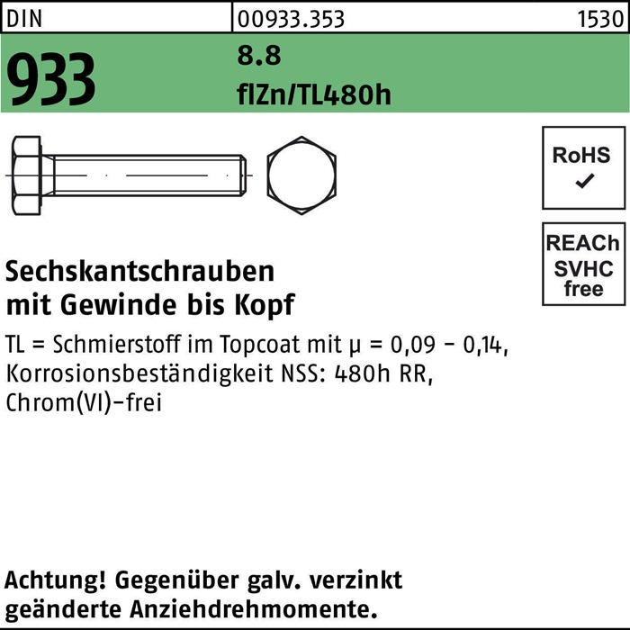 Sechskantschraube DIN 933 VG M8x30 8.8 flZnnc 480h-L 200St.