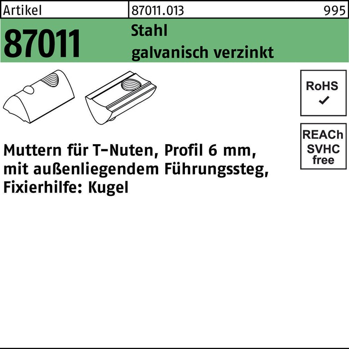 T-Nutenmutter R 87011 Führungssteg außen 6mm M5 Stahl galv.verz. 100St.