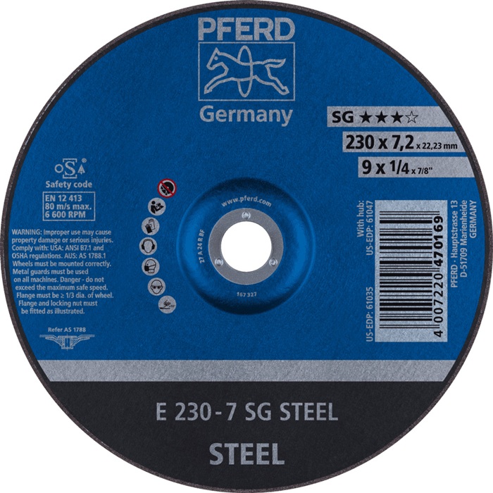 Schruppscheibe SG STEEL D230xS7,2mm gekr.STA Bohr.22,23mm PFERD