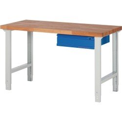 Werkbank Ser.BK 650 B1500xT700xH790-1140mm Buche massiv grau/blau 1 Schubl.TW