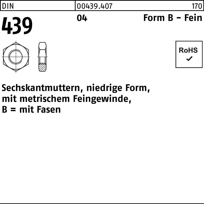 Sechskantmutter DIN 439/ISO 4035 FormB BM 16x 1,5 Automatenstahl 50 Stück