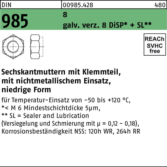 Sechskantmutter DIN 985 Klemmteil M12 8 galv.verz. 250 Stück
