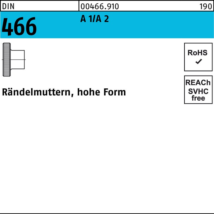 Rändelmutter DIN 466 hohe FormM6 A 1/A 2 25 Stück