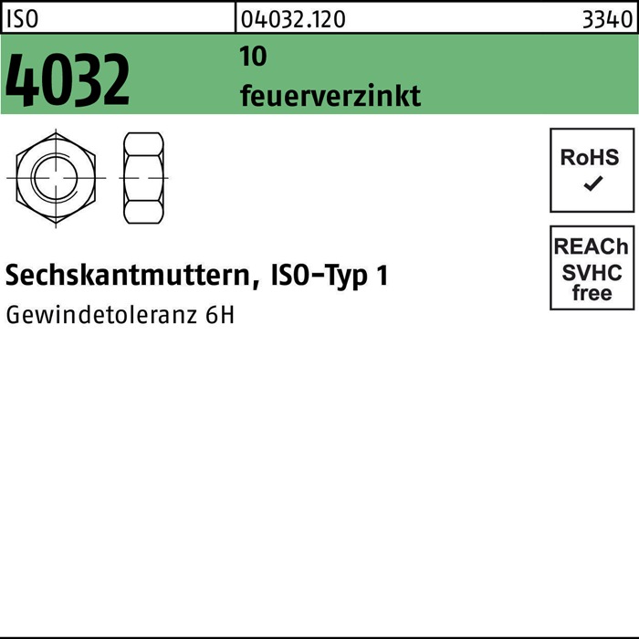 Sechskantmutter ISO 4032 M33 10 feuerverz. 10 Stück