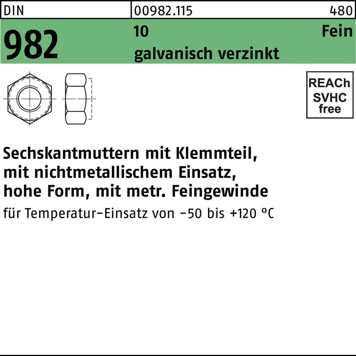 Sechskantmutter DIN 982 Klemmteil M16x 1,5 10 galv.verz. 50 Stück
