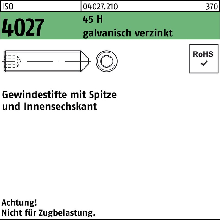 Gewindestift ISO 4027 Spitze/Innen-6kt M16x30 45 H galv.verz. 100St.