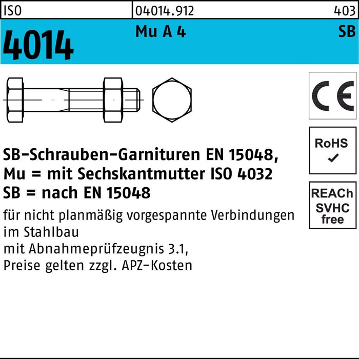 Sechskantschraube ISO 4014 Schaft/Mutter M16x 150 A 4 SB 10 Stück