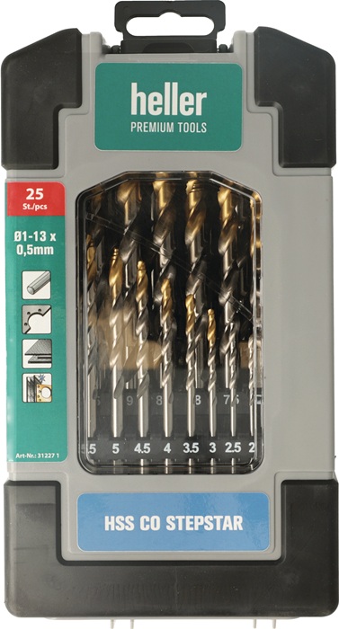 Metallbohrer-Set DIN 338 Stepstar D.1-13 HSS-Co TiN 25-tlg.Heavy-Duty Box HELLER