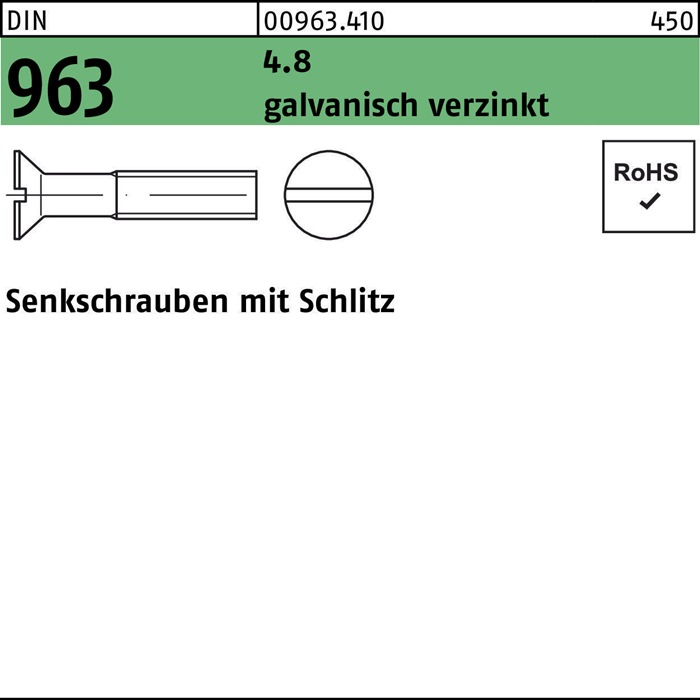 Senkschraube DIN 963 Schlitz M3x 50 4.8 galv.verz. 200 Stück