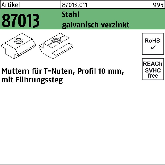 T-Nutenmutter R 87013 Führungssteg 10mm M8 Stahl galv.verz. 100Stück