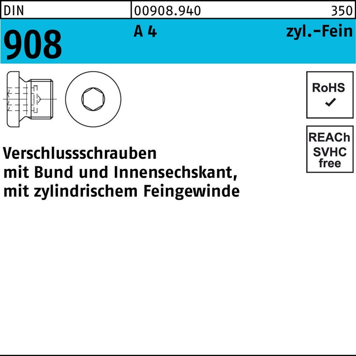 Verschlußschraube DIN 908 Bund/Innen-6kt M10x 1 A 4 100 Stück