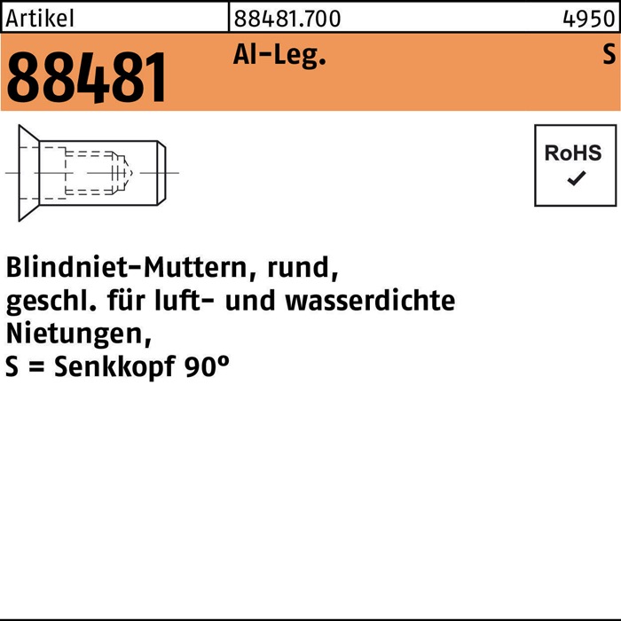 Blindnietmutter R 88481 SEKO M8 /1,5 -4,5 Aluminium 500 Stück
