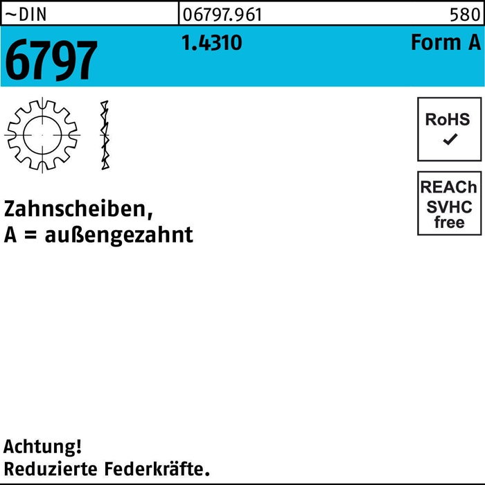 Zahnscheibe DIN 6797 FormA außengezahnt A 6,4 1.4310 100 Stück