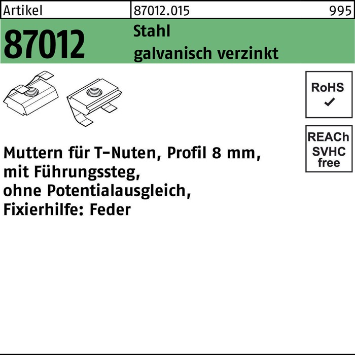 T-Nutenmutter R 87012 Führungssteg/o.Potenzialausgl. 8mm M8 Sta galv.verz. 100St