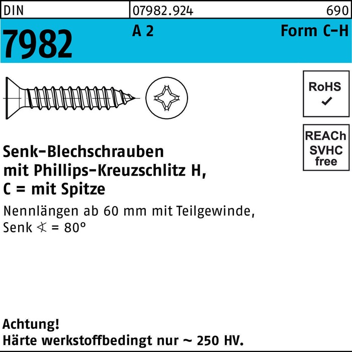 Senkblechschraube DIN 7982 PH/Spitze C 2,9x 6,5-H A 2 1000 Stück