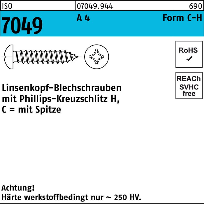 Blechschraube ISO 7049 LIKO Spitze/PH C 2,2x 9,5-H A 4 1000Stück