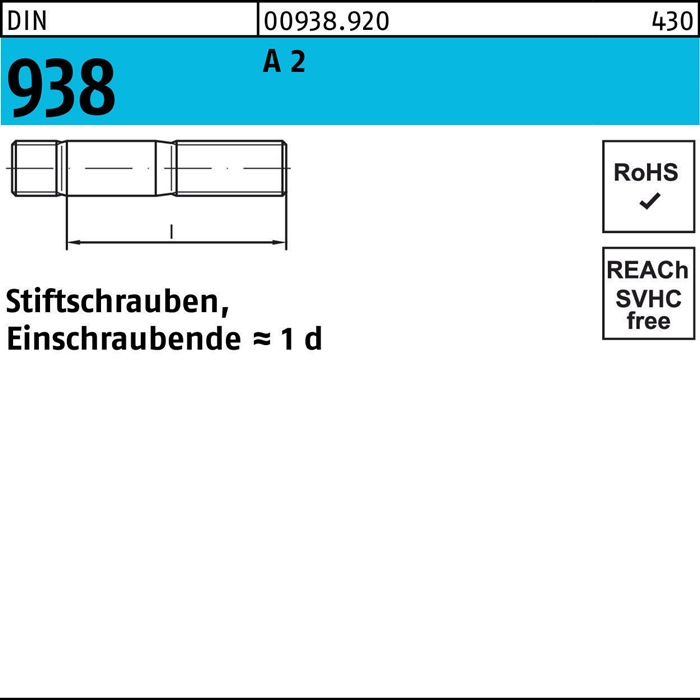 Stiftschraube DIN 938 M16x 75 A 2 10 Stück