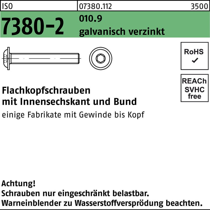 Flachkopfschraube ISO 7380-2 Bund/Innen-6kt M8x60 010.9 galv.verz. 200St.