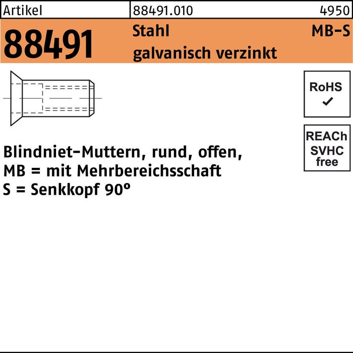 Blindnietmutter R 88491 SEKO M8/1,5 - 7,5 Stahl galv.verz. 500St.