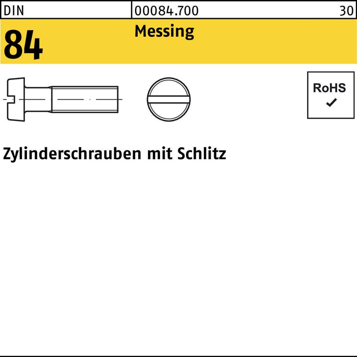 Zylinderschraube DIN 84 m.Schlitz M4x 25 Messing 200 Stück