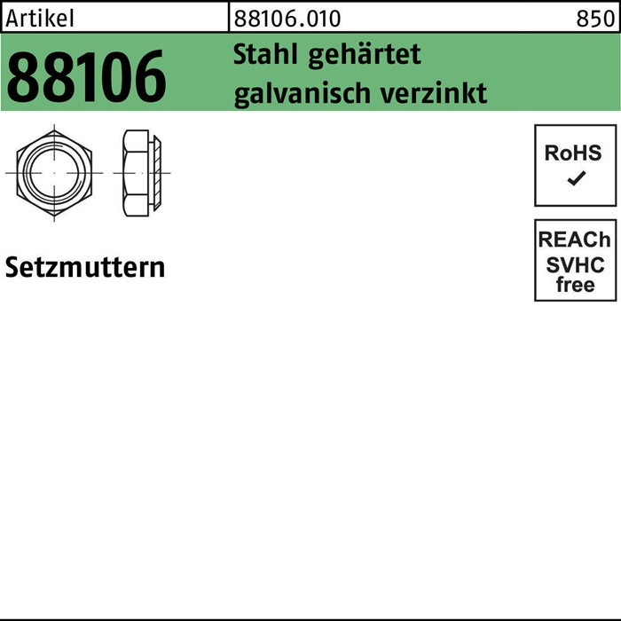 Setzmutter R 88106 M12/2,9 Stahl gehärtet galv.verz. 100 Stück