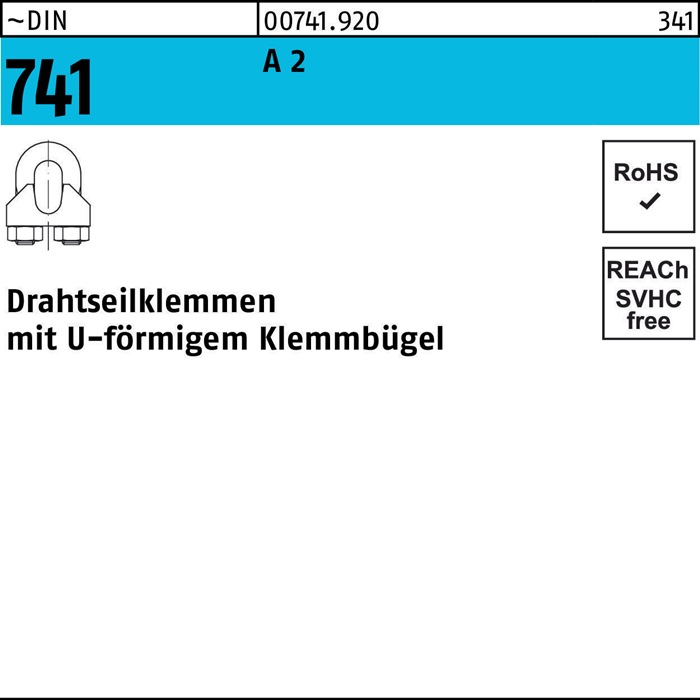Drahtseilklemme DIN 741 U-förmig 3 MM/M 4 A 2 50 Stück