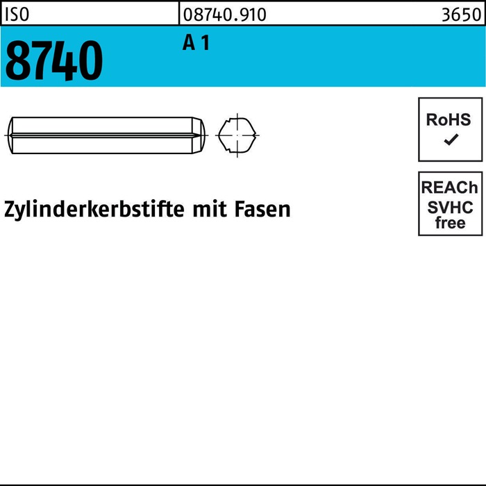 Zylinderkerbstift ISO 8740 Fasen 3x 8 A 1 100 Stück