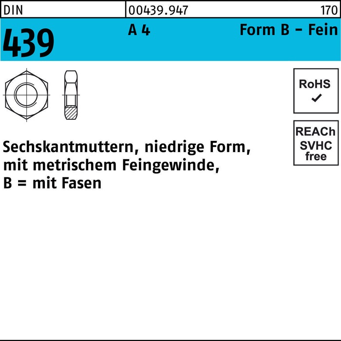 Sechskantmutter DIN 439/ISO 4035 FormB BM 18x 1,5 A 4 10 Stück