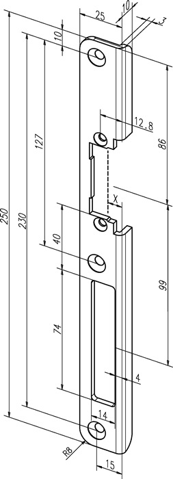 Winkelschließbl.63 B VA B.25mm L.250mm ktg.DIN L ASSA ABLOY