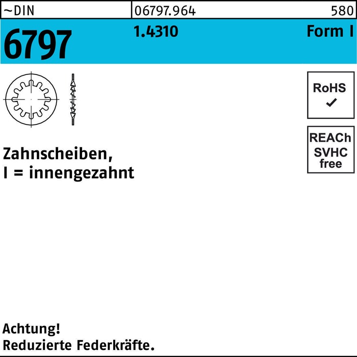 Zahnscheibe DIN 6797 FormI innengezahnt I 8,4 1.4310 1000 Stück