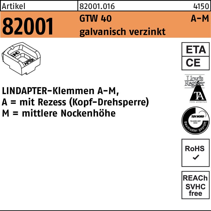 Klemmen R 82001 GTW 40 MM 16/8,0 galv.verz. 1 Stück LINDAPTER