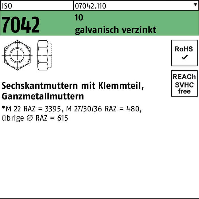 Sechskantmutter ISO 7042 Klemmteil M16 10 galv.verz. 50 Stück